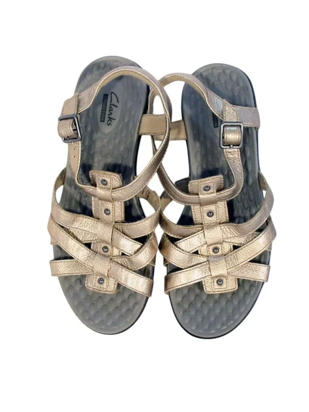 CLARKS Shelba Jacoby Metallic Gold Leather Fisherman Sandals 41/9.5 WIDE - Picture 7 of 7